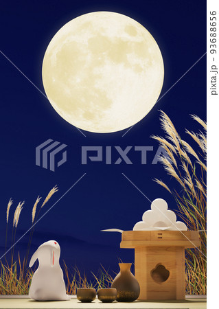 満月の夜に月を見上げる白うさぎ / 十五夜・中秋の名月・お月見のコンセプトイメージ 93688656