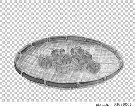 Illustration of a sumi-e-style monotone of dried scallops in a colander drawn by watercolor White background Transparent background 93689001