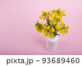 ピンクの背景の花瓶に挿した菜の花 93689460