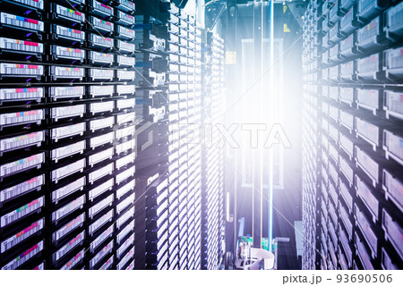 data storage tapes in tall stacks - internet cloud concept 93690506