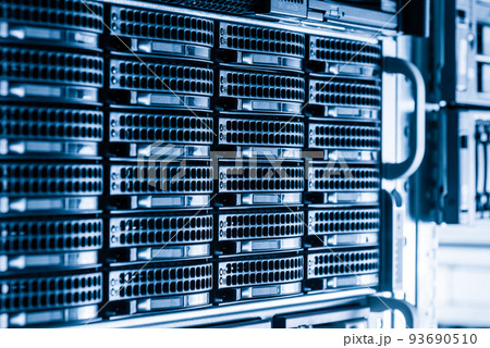Row of hard disks used for data storage in internet data center 93690510
