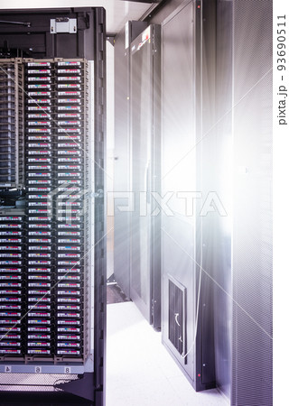 Row of hard disks used for data storage in internet data center 93690511