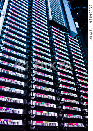 Row of hard disks used for data storage in internet data center Row of hard disks used for data storage in internet data center 93690539