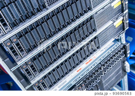 Row of hard disks used for data storage in internet data center 93690563