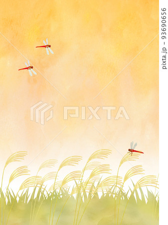 秋の夕焼けと赤とんぼのイラスト 93690656