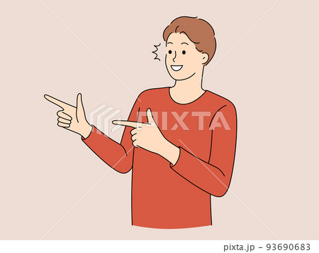 Smiling man point with fingers aside Smiling man point with fingers aside 93690683