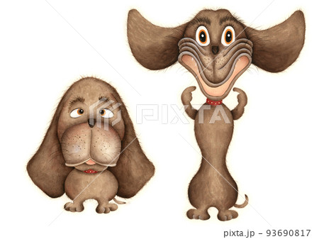 おすまし顔のイヌとびっくり顔のイヌ　手描き風 93690817