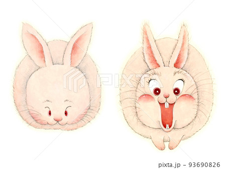 おすまし顔のウサギとびっくり顔のウサギ 手描き風のイラスト素材