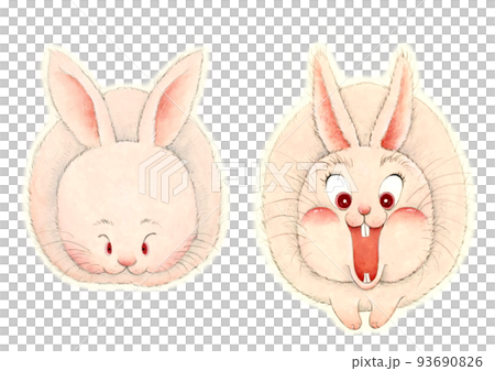 おすまし顔のウサギとびっくり顔のウサギ 手描き風のイラスト素材