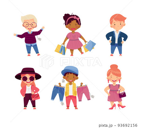 Fashionable Boy and Girl in Pretty Dress Shopping Trying New Clothing Vector Set 93692156