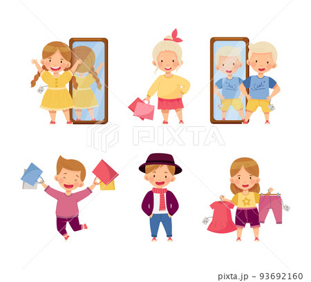 Fashionable Boy and Girl in Pretty Dress Shopping Trying New Clothing Vector Set Fashionable Boy and Girl in Pretty Dress Shopping Trying New Clothing Vector Set 93692160