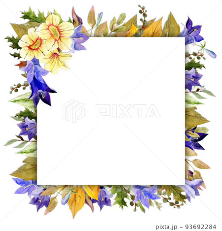 Watercolor frame arrangement with hand drawn autumn petunia and bluebell flowers, branches and leaves. Isolated on white background. Design for invitations, wedding, greeting cards, wallpaper, print 93692284