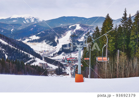 Cable car in the mountains at a ski resort in the mountains Cable car in the mountains at a ski resort in the mountains 93692379