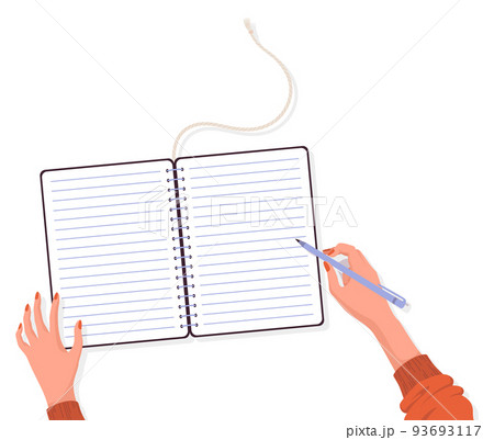 Top view workplace organization mockup element. Work desk with office stuff for design. Top view on notebook. Template sign of home office supplies, distance work, studying, freelance concept 93693117