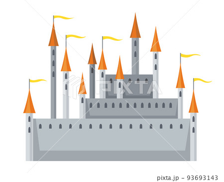 Medieval kingdom castle or royal fortress. Fairy-tale buildind of middle ages historic period. Vector building exterior design Medieval kingdom castle or royal fortress. Fairy-tale buildind of middle ages historic period. Vector building exterior design 93693143