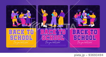 Back to school posters with students studying 93693494