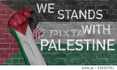 A raised fist that shouts, we stand with Palestine. 93693581