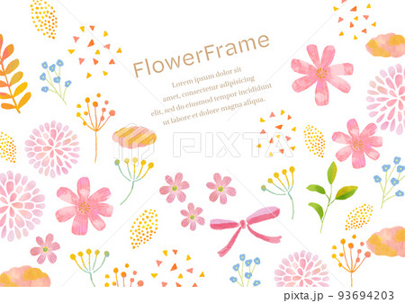 華やかなお花とリボンのかわいいフレームイラスト 93694203
