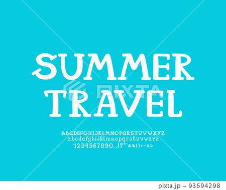 Blue poster Summer Travel with serif alphabet white color 93694298