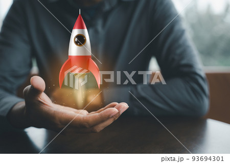 Businessman holding rocket 3D icon on hand 93694301