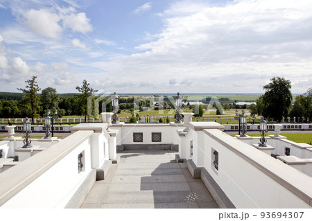 A picturesque view from the porch of the Puslovsky Palace (Kossovsky Castle) to the estate of Tadeusz Kosciuszko and the Merechevshchina tract. Kossovo. Ivatsevichi district. Brest region. Belarus 93694307