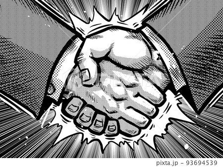 力強い握手をする劇画マンガ風イラストのイラスト素材