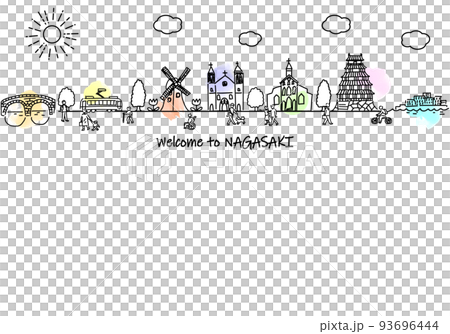 長崎県の観光地の街並みと人々のシンプル線画イラスト 長崎県の観光地の街並みと人々のシンプル線画イラスト 93696444