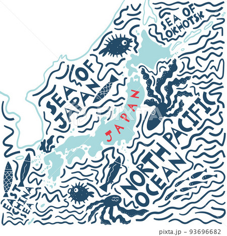 Vector hand drawn stylized map of Japan. East map element. Japanese Travel illustration. Asia continent atlas Vector hand drawn stylized map of Japan. East map element. Japanese Travel illustration. Asia continent atlas 93696682