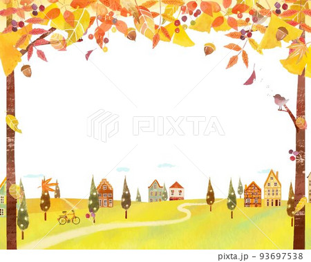 秋の紅葉した葉っぱのある景色とかわいいレトロな街並みの北欧風ベクターフレーム白バック背景素材 93697538