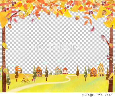 秋の紅葉した葉っぱのある景色とかわいいレトロな街並みの北欧風ベクターフレーム白バック背景素材 93697538