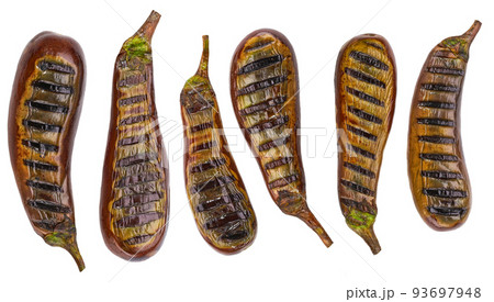 grilled eggplant halves isolated on white background, top view. 93697948
