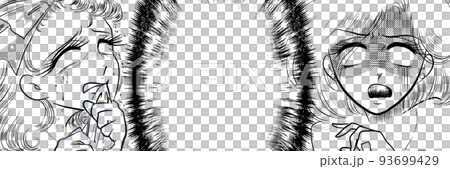 1970s girl cartoon Blond beauties biting handkerchiefs Big shock, upset, crying face Close up monochrome wide size 93699429