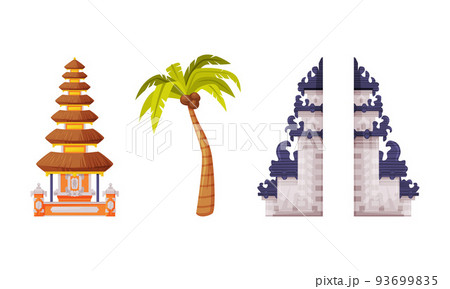 Split Gateway, Palm Tree and Pagoda as Bali Traditional Cultural Attribute Vector Set Split Gateway, Palm Tree and Pagoda as Bali Traditional Cultural Attribute Vector Set 93699835