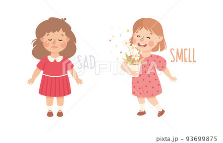 Little Girl Showing Sense Sad Crying and Smelling Flowers in Flowerpot Vector Set Little Girl Showing Sense Sad Crying and Smelling Flowers in Flowerpot Vector Set 93699875