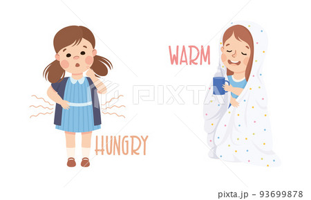 Little Boy and Girl Showing Sense Warming Under Blanket with Hot Tea and Hungry Vector Set 93699878