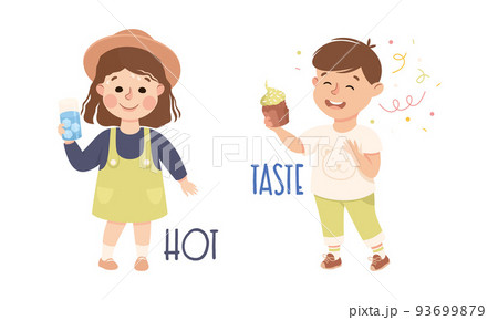 Little Boy and Girl Showing Sense Tasting Cake and Drinking Water in Hot Weather Vector Set 93699879