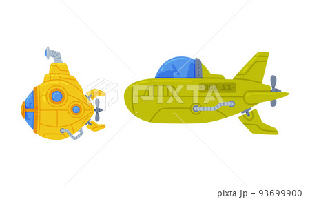 Colorful Submarine Watercraft with Porthole Swimming Underwater Vector Set Colorful Submarine Watercraft with Porthole Swimming Underwater Vector Set 93699900