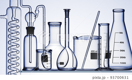 Glass chemistry lab equipment on blue background. Chemistry Lab concept. 3d Glass chemistry lab equipment on blue background. Chemistry Lab concept. 3d 93700631