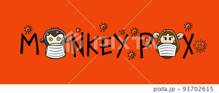 Monkeypox 2022 virus - disease transmitted by monkey. Concept art banner for your design. Monkeys with mask on face. Vector illustration 93702615