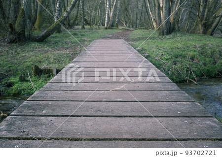outdoor natural landscape with empty trail between trees through wooden bridge. Small wooden bridge in a forest in early spring 93702721