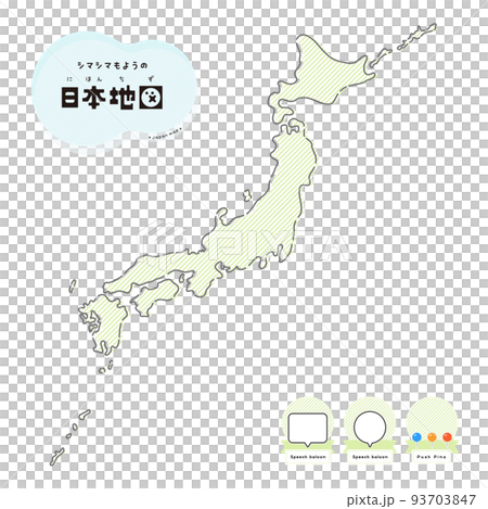 薄い緑色の斜めストライプのおしゃれな日本地図 - 吹き出しと押しピン付き 93703847