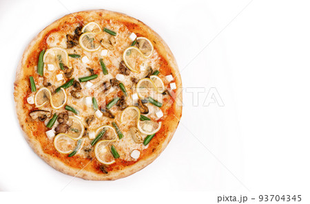 Fresh pizza with seafood mussels, green beans, lemon, cut feta cheese isolated on white background. Copyspace. Top view Fresh pizza with seafood mussels, green beans, lemon, cut feta cheese isolated on white background. Copyspace. Top view 93704345