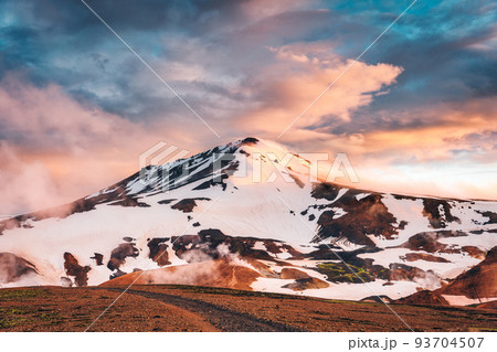 Landscape of Kerlingarfjoll mountain range with colorful sunset sky on geothermal area located in central icelandic highlands on summer at Iceland 93704507
