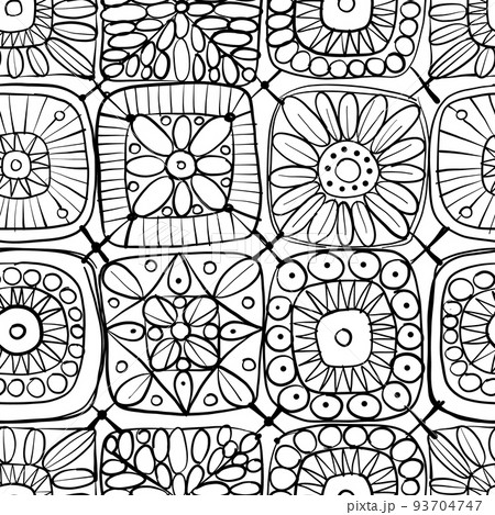 Granny square crochet. Seamless pattern background. Knitted wear. Folk art motif with flowers. Vector illustration Granny square crochet. Seamless pattern background. Knitted wear. Folk art motif with flowers. Vector illustration 93704747