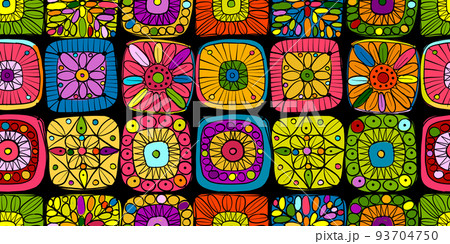 Granny square crochet. Seamless pattern background. Knitted wear. Folk art motif with flowers. Vector illustration 93704750