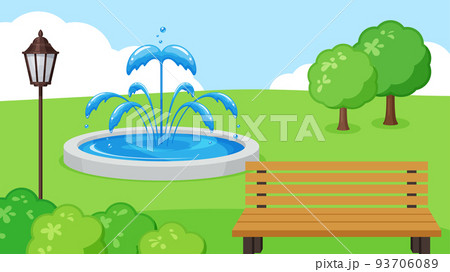 噴水とベンチがある公園の風景イラスト_16:9 93706089