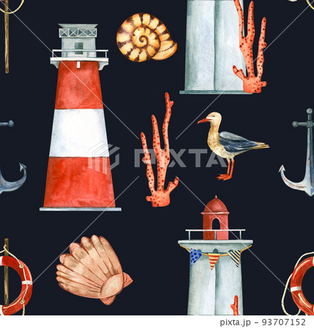 Seamless pattern on a marine theme, striped lighthouse, shells, anchor, pink coral hand-painted in watercolor on a dark background. A great option for fabric, wallpaper, scrapbooking and invitations. 93707152