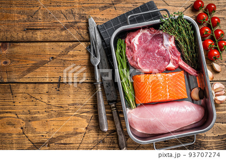 Protein diet - raw meat steaks salmon, beef or veal and turkey breast fillet. Wooden background. Top view. Copy space Protein diet - raw meat steaks salmon, beef or veal and turkey breast fillet. Wooden background. Top view. Copy space 93707274