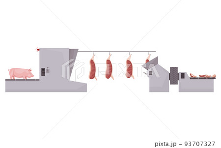 Meat factory processing plant. Flat composition with factory kitchen equipment. Food industry concept elements. Industrial equipment to produce food for sale Meat factory processing plant. Flat composition with factory kitchen equipment. Food industry concept elements. Industrial equipment to produce food for sale 93707327
