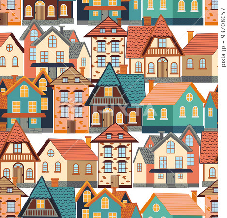 Seamless pattern of funny houses. Densely populated city. 93708057